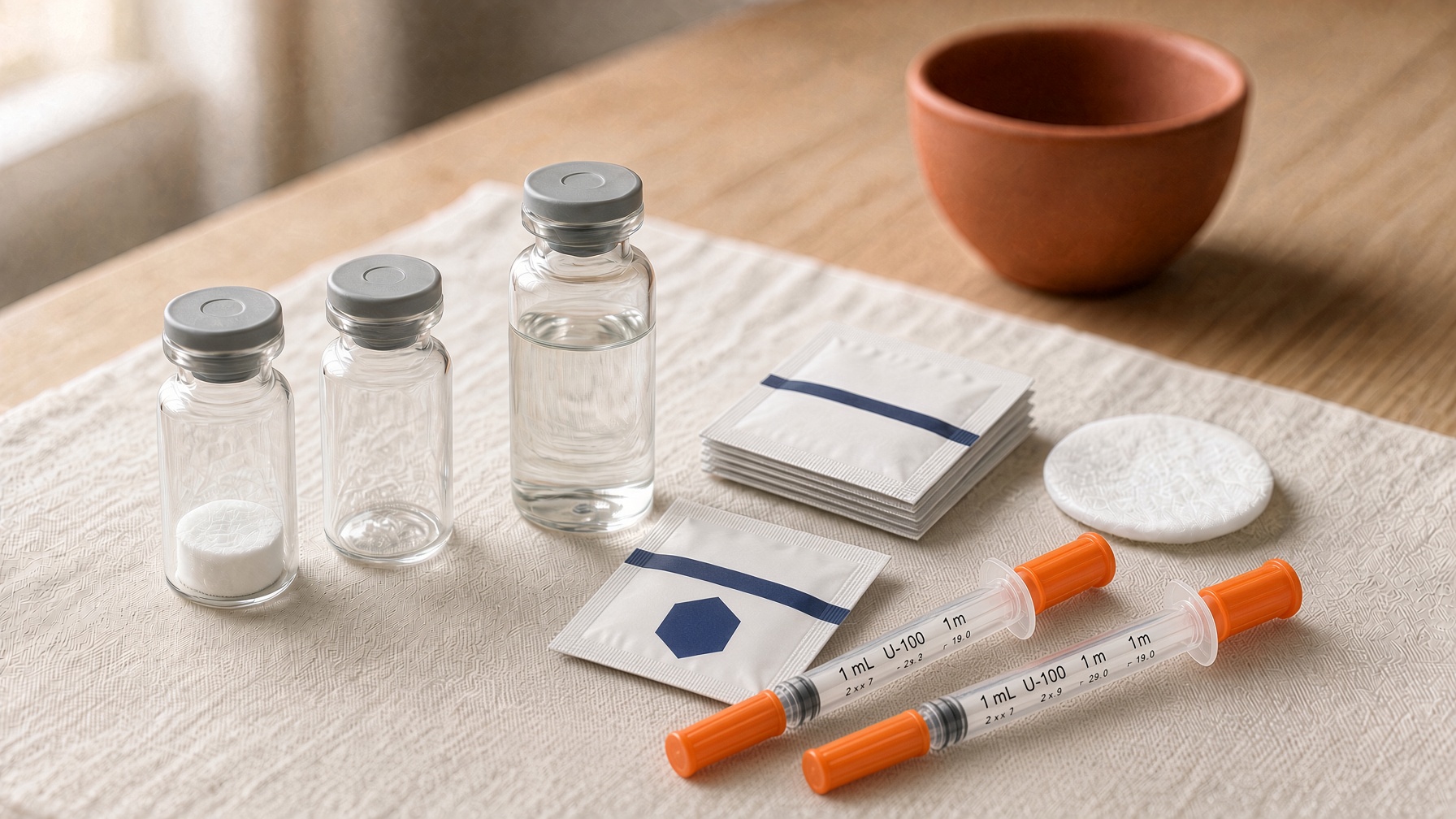 Beginner peptide kit: vials, insulin syringes, and alcohol swabs on linen