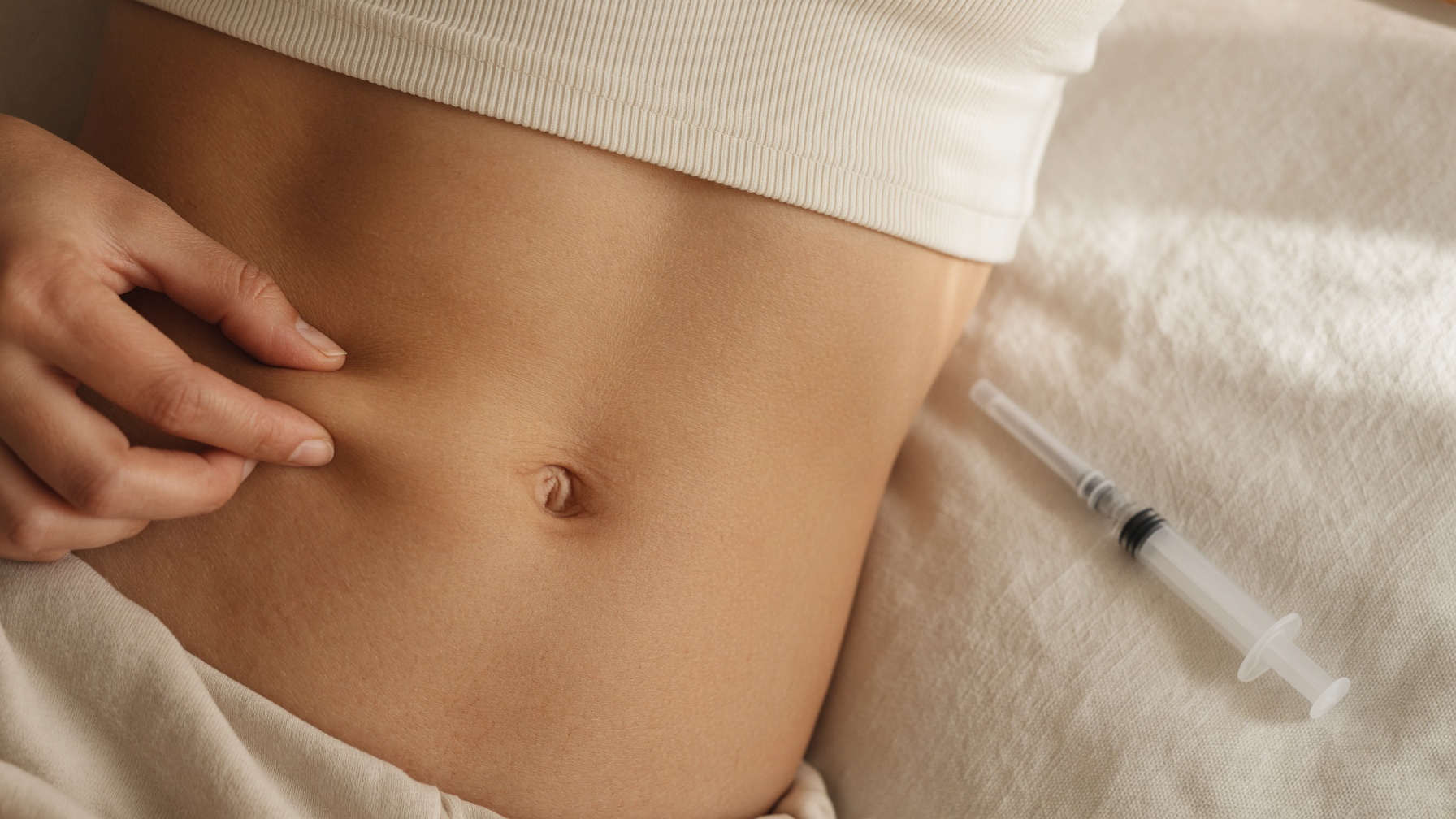 Pinching a small fold of abdomen beside the navel